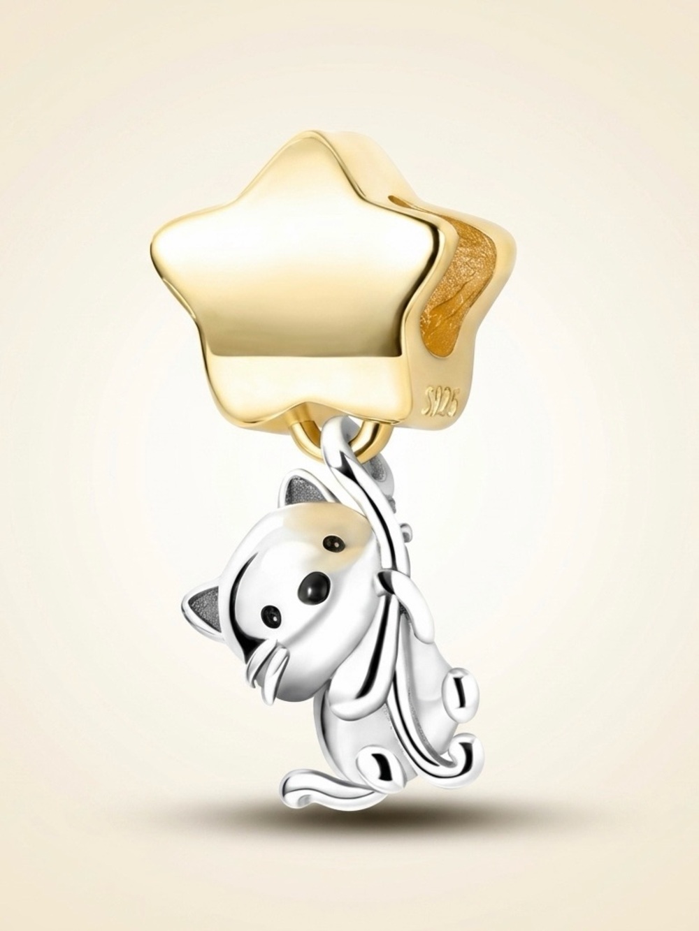 S925 Silver Gold Star Cat Dangle Charm Two Tone Pandora Fit Pet Lover Gift